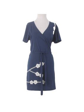 Synergy Dress Sz L Navy Blue White Floral V Neck 100% Organic Cotton Dress